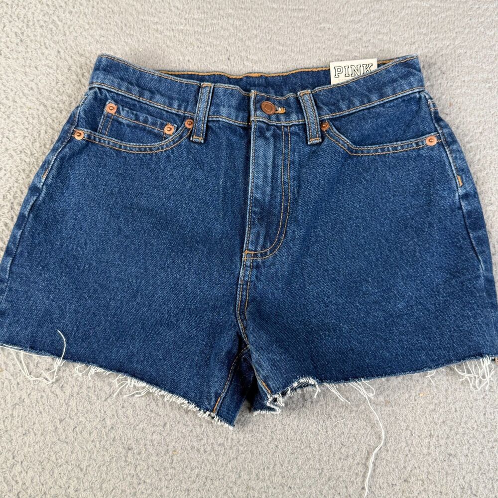 VICTORIA'S SECRET Pink Cut Off Short Women 25 Blue Denim High Rise Zip Fly Booty